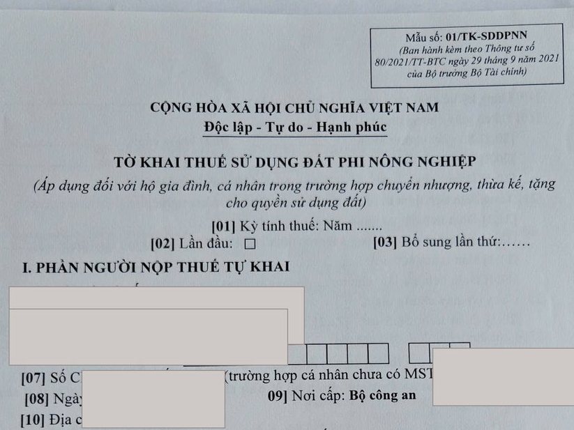 Tờ khai thuế sử dụng đất — Tờ khai thuế sử dụng đất phi nông nghiệp (Mẫu 01/TK-SDDPNN) — phần nghĩa vụ tài chính với Nhà nước, tách riêng khỏi phí dịch vụ.